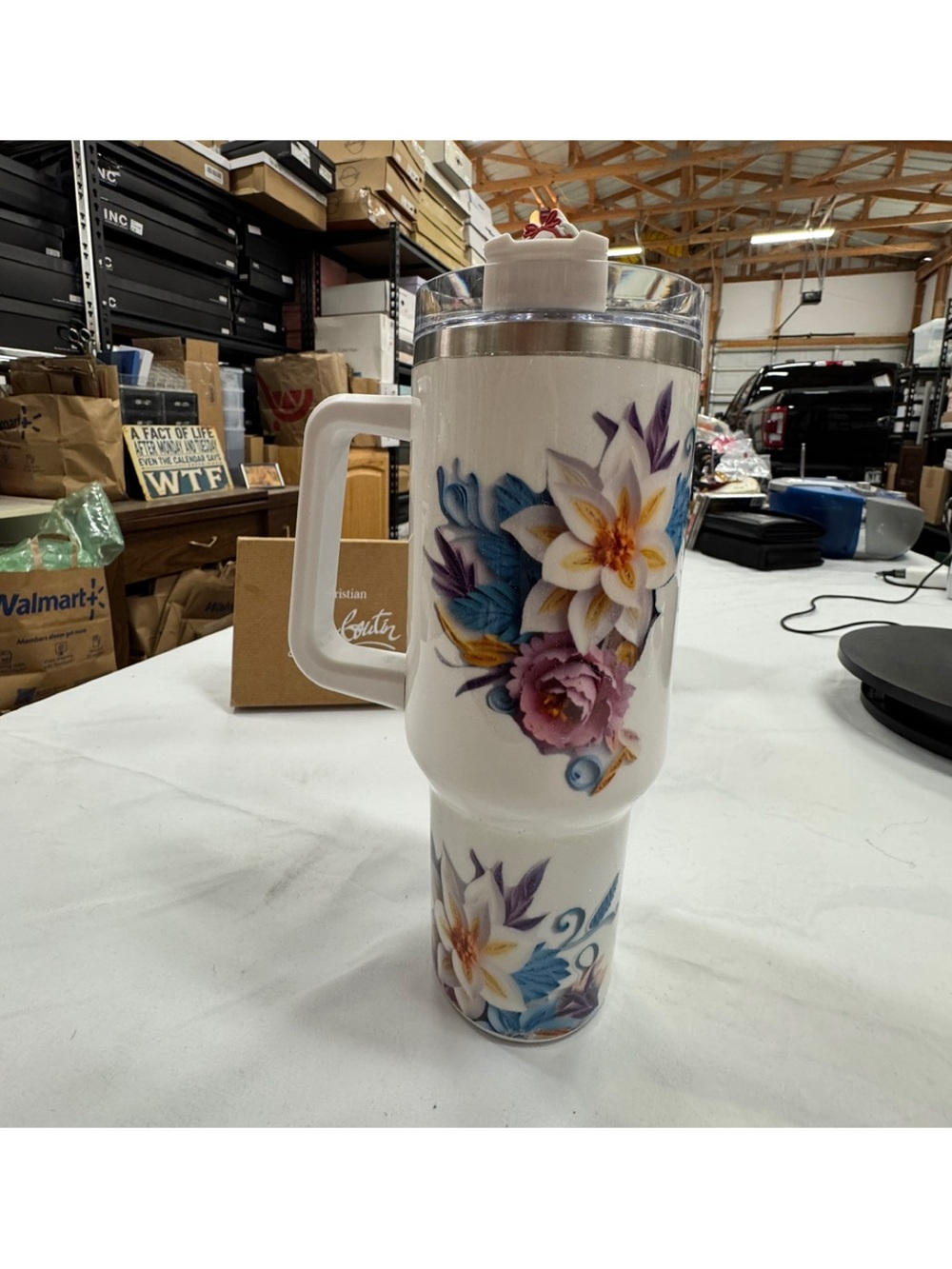 Floral Stainless Steel Double wall Travel Tumbler with Handle - Maltese Straw